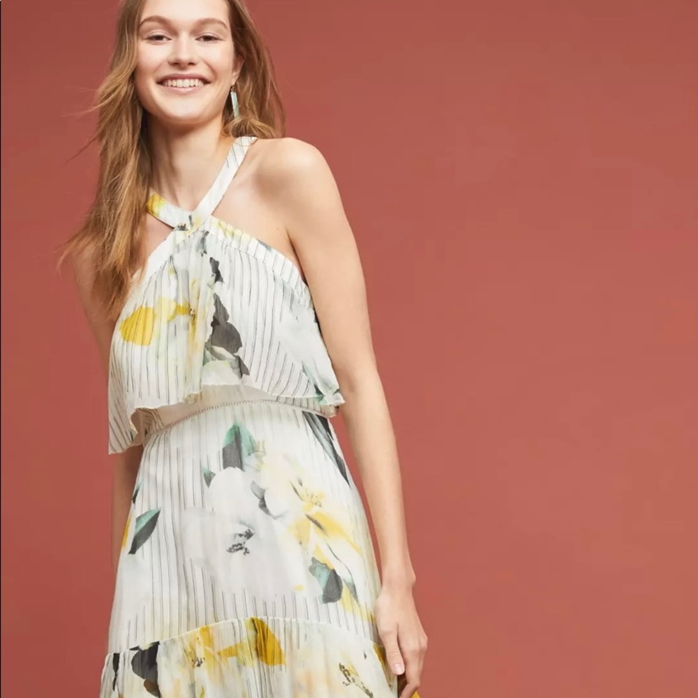 Anthropologie white, yellow and black whimsical floral dress, size 0